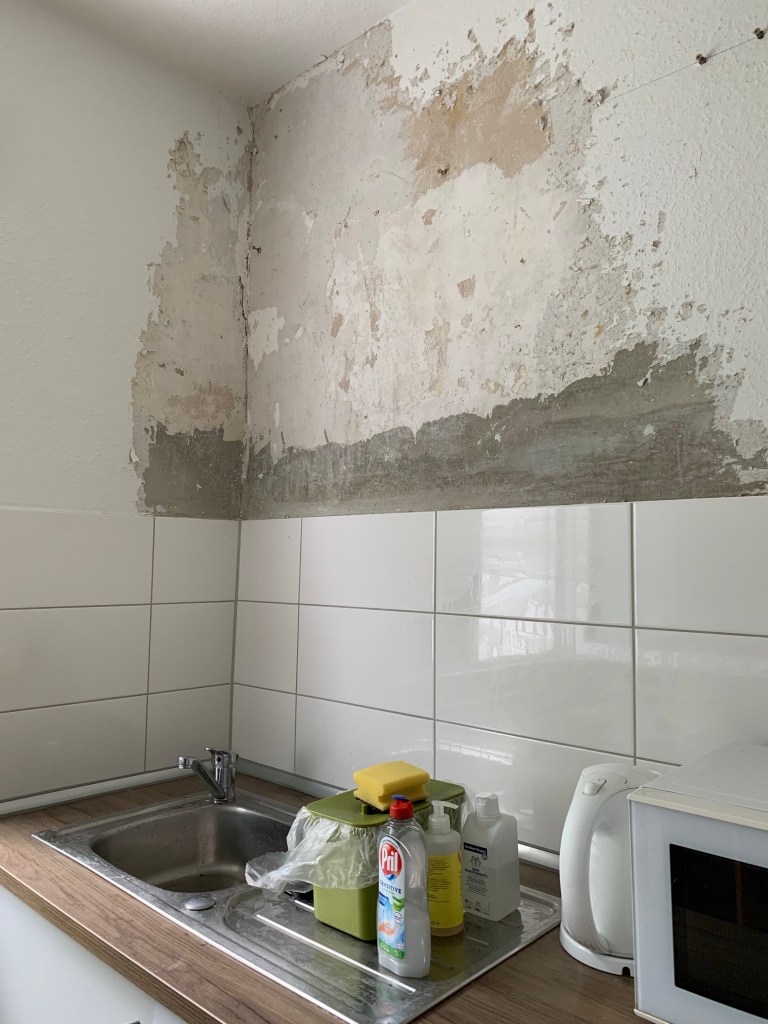 Die Spüle in meiner Küche. Die Wand darüber/dahinter noch nicht tapeziert. Man sieht einer größere Fläche freigelegten Putz.