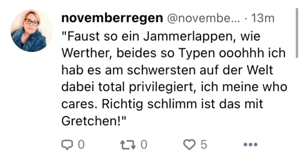 n:
"Faust so ein Jammerlappen, wie Werther, beides so Typen "ooohhh ich hab es am schwersten auf der Welt", dabei total privilegiert, ich meine, who cares. Richtig schlimm ist das mit Gretchen!"