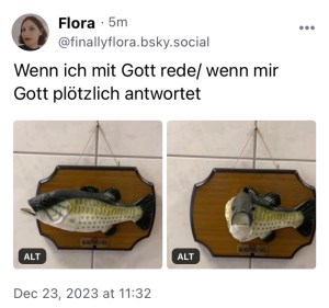 Flora: Wenn ich mit Gott rede (dazu ein Pic von einem Karpfen mit offenem Maul an einem Brett an der Wand) / wenn mir Gott plötzlich antwortet (der Karpfen dreht den Kopf und guckt einen mit offenem Maul an).