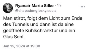 Ryanair Maria Silke: Man stirbt, folgt dem Licht zum Ende des Tunnels und dann ist da eine geöffnete Kühlschranktür und ein Glas Senf.
