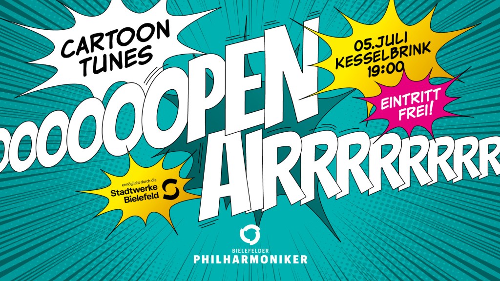 Sharepic zum Konzert in dunkel türkis und im Pop Style (keine Ahnung, wie das richtig heißt, eine Mischung aus Comic und Graffiti).