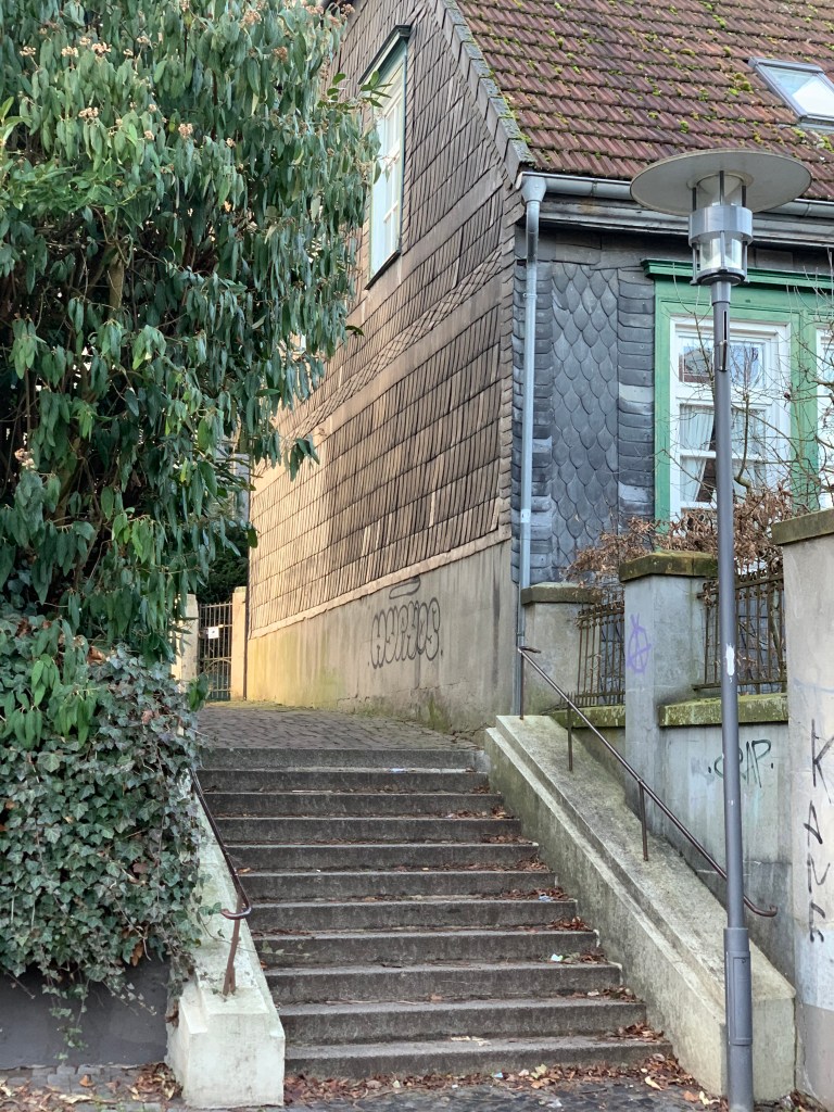 Die Judentreppe, wie heutzutage üblich aus Beton mit Metallgländer, in eine Kopfsteinpflastergasse mündend zwischen einem Baum und einem Haus mit schwarzen Schieferschindeln und Graffiti (Hyphos oder so). Am Beginn der Treppe eine Straßenlaterne.