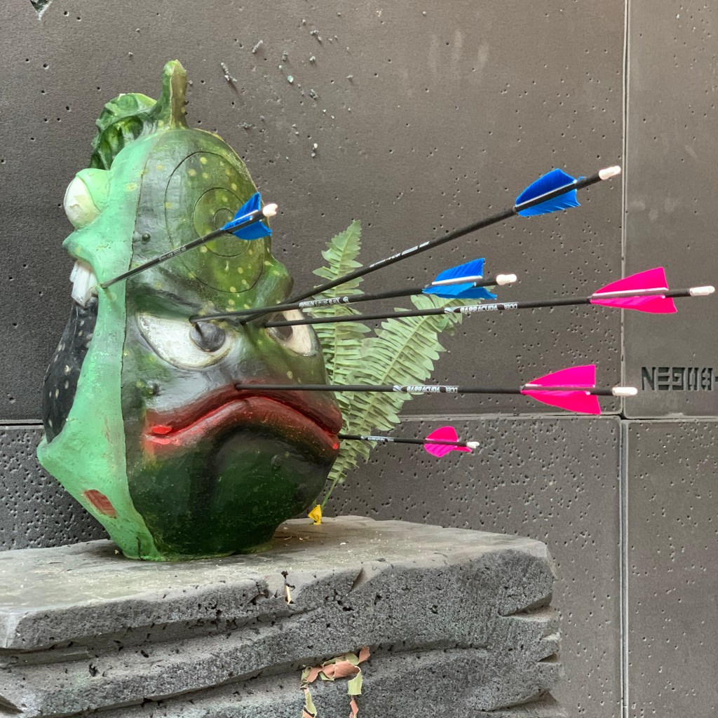 Eine sehr genervte Gummi-Avocado, etwa einen halben Meter groß und mit Augen und Mund, in der sechs Pfeile stecken. (Es ist eine janusköpfige Avocado, die auf der Rückseite noch ein Gesicht hat. Das sieht man zwar am Rand, aber ich habe es mir nicht genauer angesehen.)
