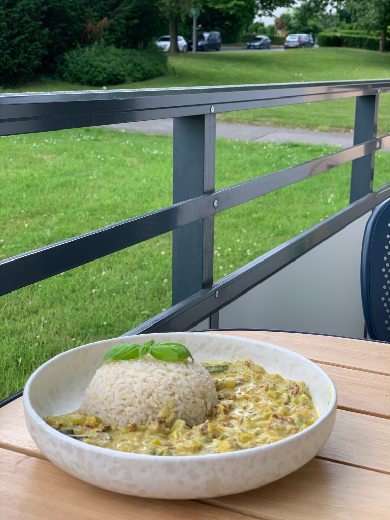 Mittagessen wie beschrieben auf dem Balkon serviert: Eine Halbkugel Reis, drumherum Hack und Lauch in Curryrahmsauce.  