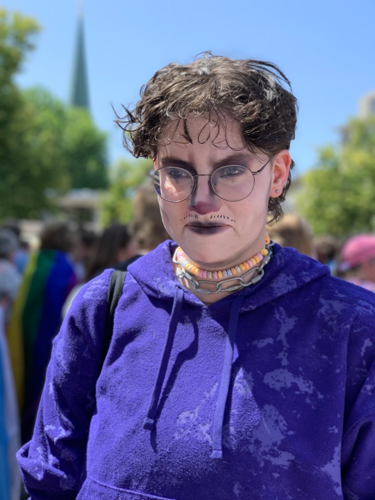 Eine junge Person im lila Hoodie und mit brünettem Haar mit interessantem Make up bzw. Maske. Eine Mischung aus Mange und Gruselfigur, smokey eyes und aufgemaltem Schnurrbart. Vielleicht stellt es eine Fantasy-Figur dar und ich erkenne es nicht. Das Make up wirkt eher streng, aber hier guckt er mit leicht spöttischem Lächeln. Nach dem Pronomen hatte ich gefragt.