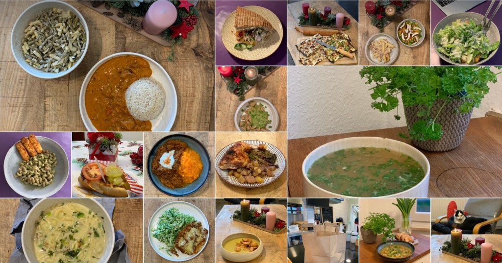 Fotocollage der Mahlzeiten des Monats. Das Chicken von Bento San steht dort auf dem Thresen in einer braunen Papiertüte und das letzte Bild zeigt den #DiätKater auf seinem Sessel mit dem Adventsgesteck davor auf dem Wohnzimmertisch.