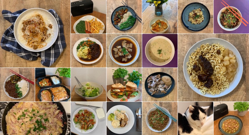 Foto-Collage der aufgelisteten Mahlzeiten. Eines der Einzelbilder zeigt statt eines Essens den #DiätKater.