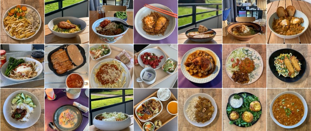 Die in der Liste genannten Mahlzeiten zu jeweils sieben Fotos in drei Reihen und weil das genau aufgeht, ohne Katzenbild.